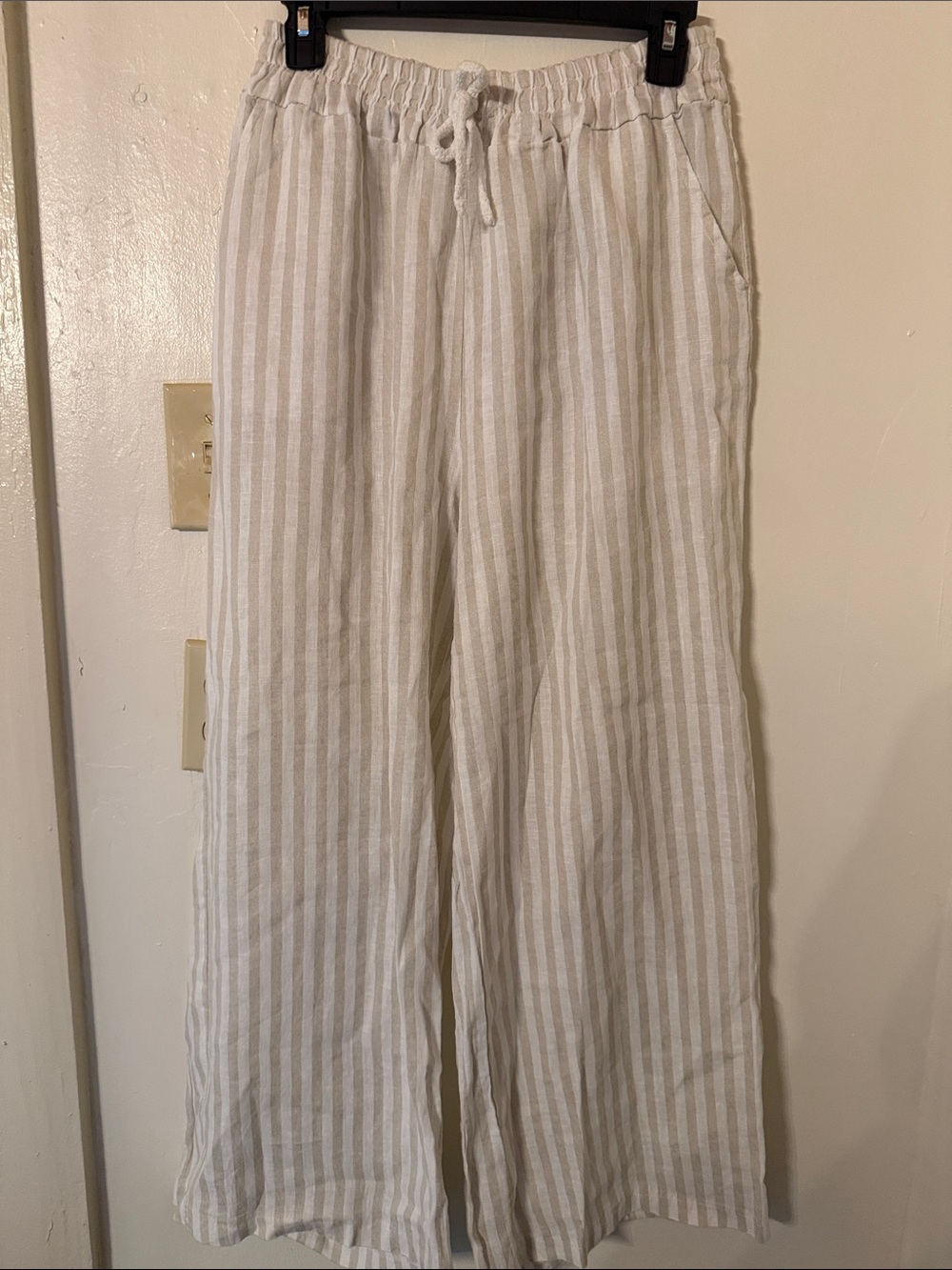 Women's Beige & White Striped Wide-Leg Linen Blend Pants
